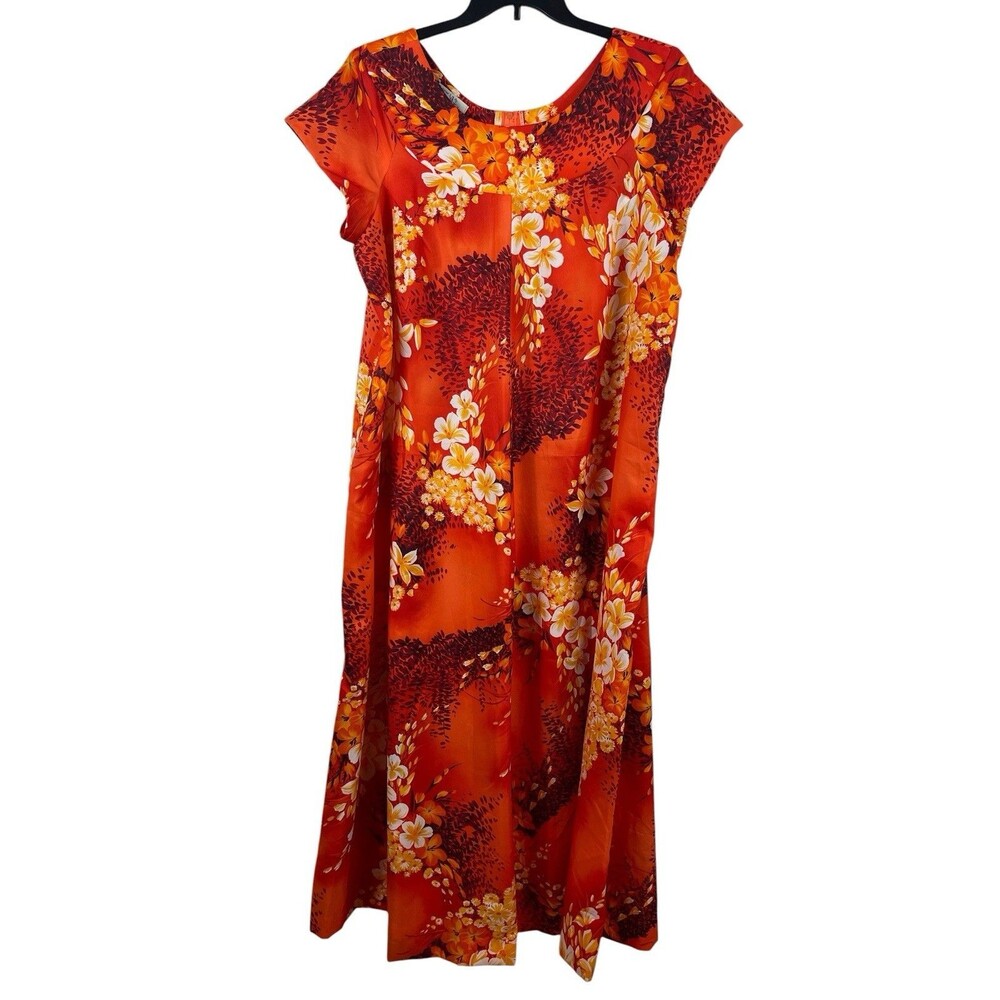 Vintage 70s Hukilau Fashions Hawaiian Muumuu Dress Orange Tropical Floral 20